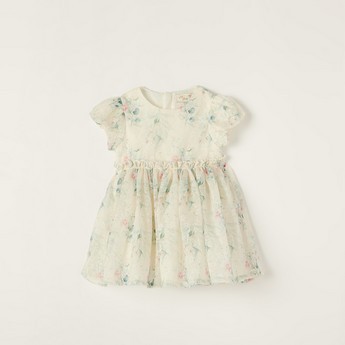 Juniors Floral Print Dress with Puff Sleeves and Zip Closure