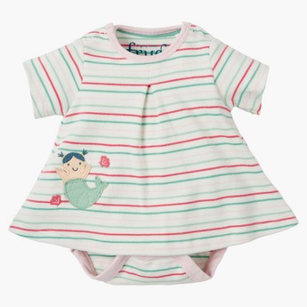 Frugi Striped Bodysuit Dress with Short Sleeves and Applique Detail