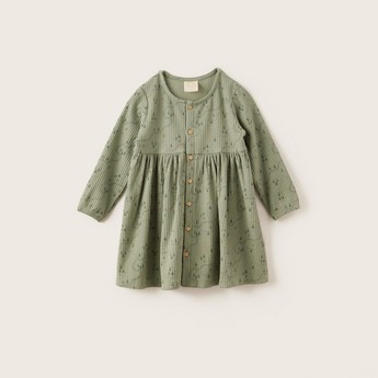 Love Earth Printed Organic Dress with Long Sleeves and Button Closure