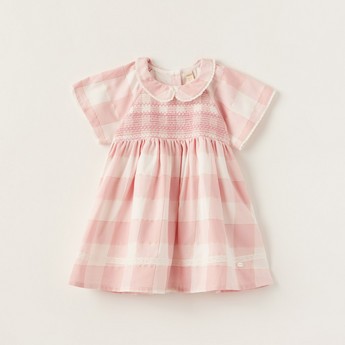 Giggles Checked A-line Dress with Cap Sleeves and Lace Detail