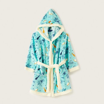 Juniors Space Print Bathrobe with Tie-Up and Hood