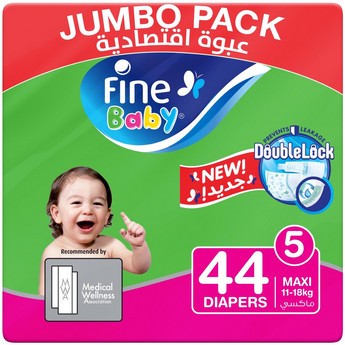 Fine Baby Size 5, Maxi 44-Diapers Jumbo Pack - 11-18 kgs