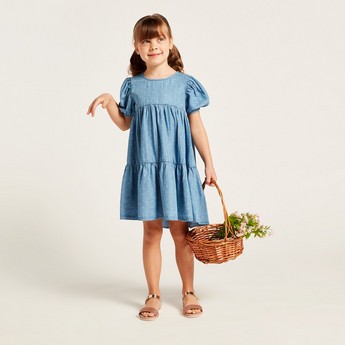 Juniors All-Over Printed Empire Dress with Short Sleeves