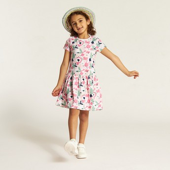 Juniors Printed Drop Waist Dress with Short Sleeves