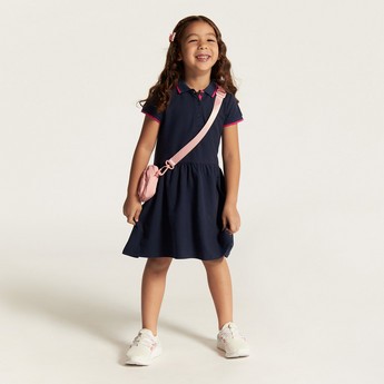 Juniors Solid Dress with Short Sleeves and  Piping Detail