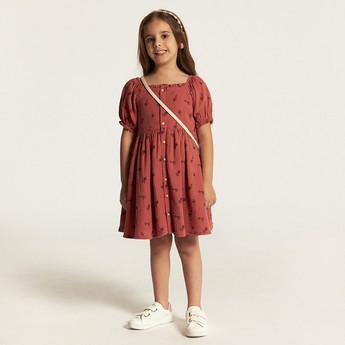 Embroidered Square Neck A-line Dress with Short Sleeves