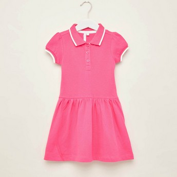 Juniors Solid Dress with Short Sleeves and  Piping Detail