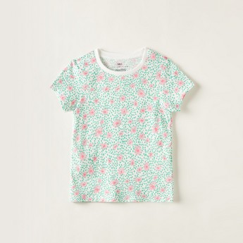 Juniors Floral Print Round Neck T-shirt with Short Sleeves