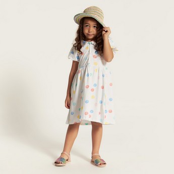 Juniors Polka Dot Dress with Ruffles and Balloon Sleeves