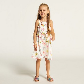 Juniors Butterfly Print Sleeveless Dress with Waist Tie-Up Belt