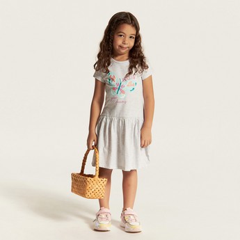 Juniors Printed Dress with Round Neck and Short Sleeves