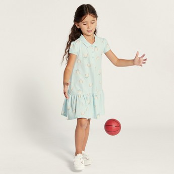 Juniors Printed Polo Dress with Cap Sleeves and Button Closure