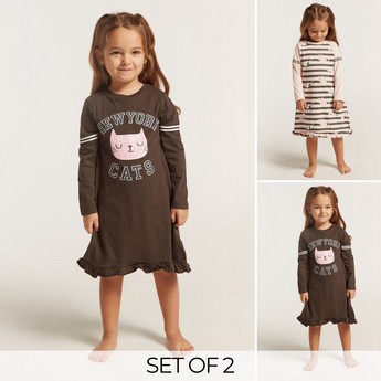 Juniors Printed Night Dress with Long Sleeves - Set of 2