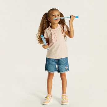 Juniors Polka Dot Print Polo T-shirt with Short Sleeves and Ruffle Detail