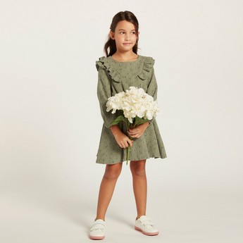 Love Earth Printed Organic Dress with Long Sleeves and Ruffle Detail