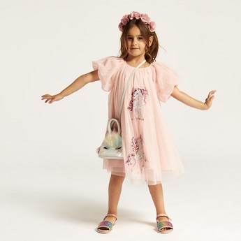 Juniors Unicorn Embellished Dress with Puff Sleeves