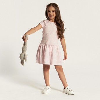 Juniors Polka Print Dress with Round Neck and Short Sleeves