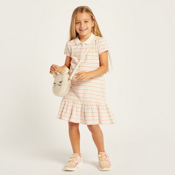 Juniors Striped Polo Dress with Flounce Hem and Short Sleeves