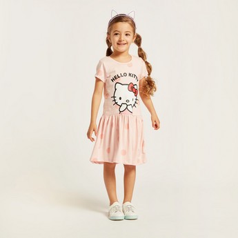 Sanrio Hello Kitty Print Round Neck Dress with Short Sleeves