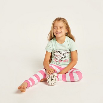 Juniors Printed Crew Neck T-shirt and Full Length Striped Pyjama Set