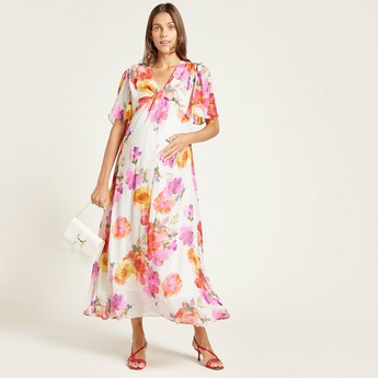 Love Mum Floral Print Maternity Maxi Dress with Short Sleeves