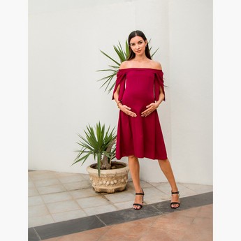 Blush Maternity Plain Off Shoulder Dress with Split Sleeves