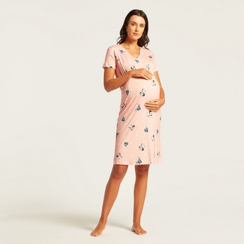 Love Mum Minnie Mouse Print V-neck Maternity Dress with Short Sleeves