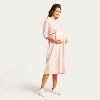 Love Mum Striped Round Neck Maternity Dress with Long Sleeves