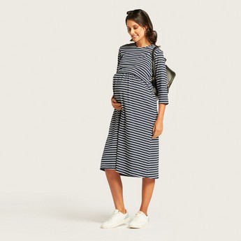 Love Mum Striped Maternity Dress with Round Neck