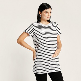 Love Mum Striped Round Neck Maternity T-shirt with Short Sleeves