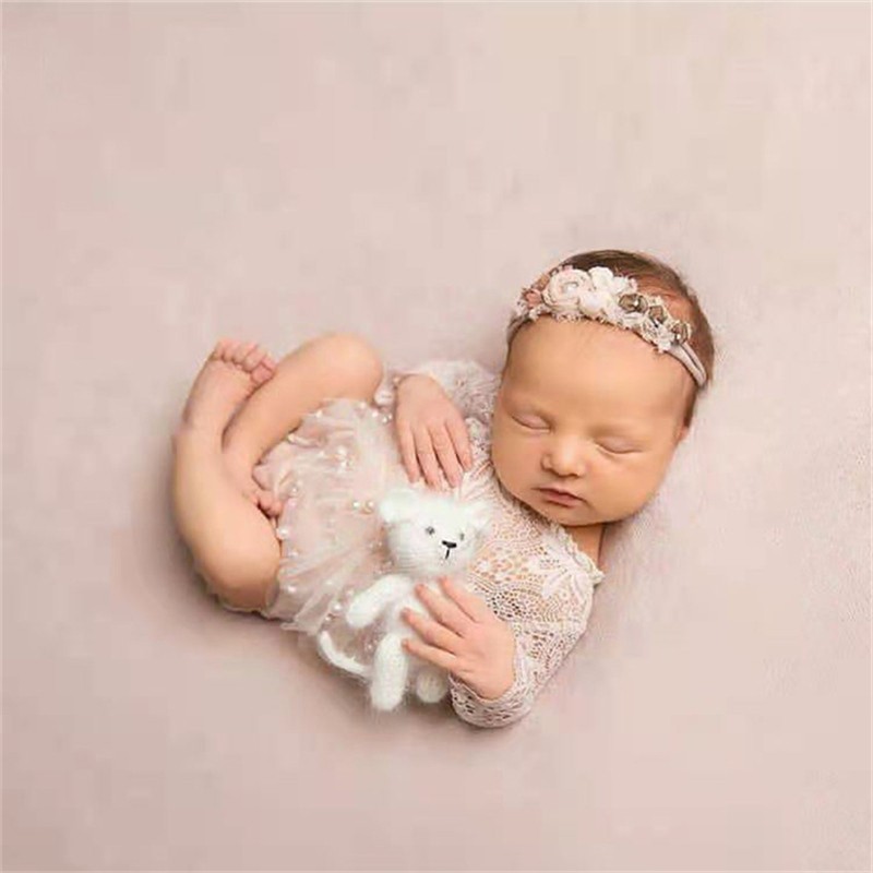 Newborn Baby Photography Clothes Fairy Lace Dress Pearl Beading Romper Skirt Headband 3pcs Sets Infant Girl Princess Outfis