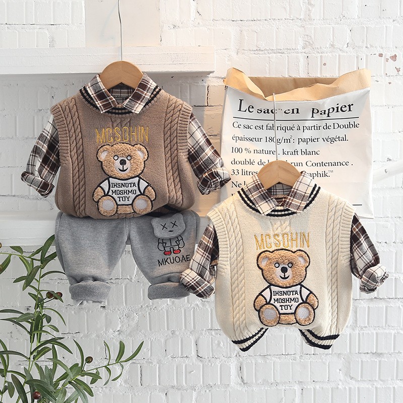 OLEKID 2022 New Spring Autumn 3pcs Boys Clothes Set Cartoon Bear Sweater Sweater Long Sleeve Shirts Cotton Pants Baby Boys Clothes