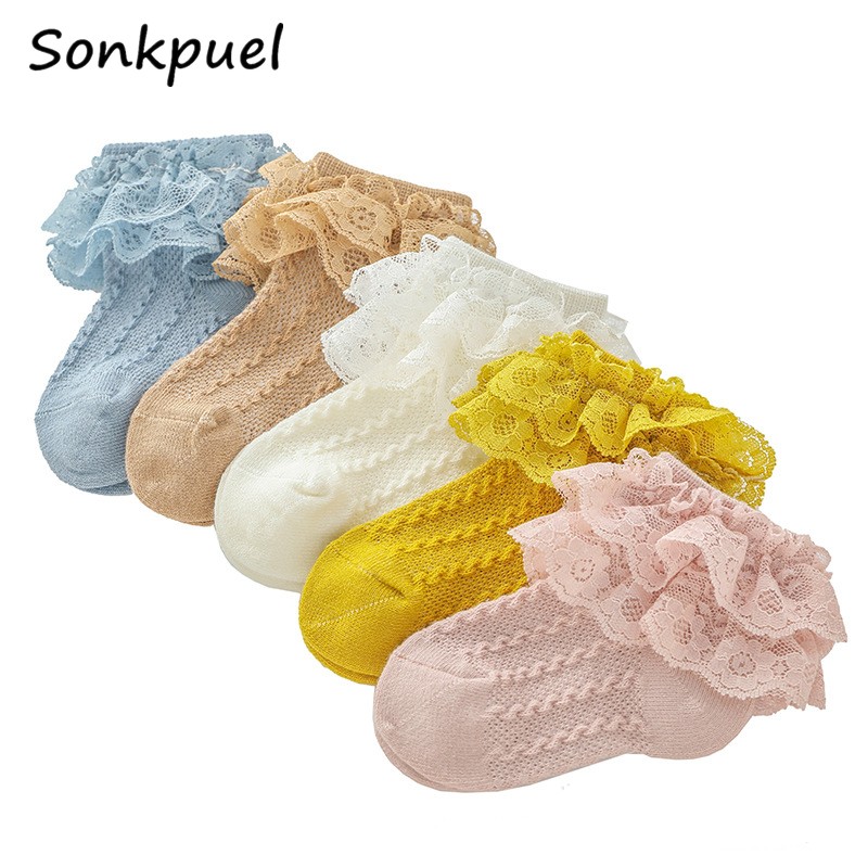 Breathable Cotton Socks with Lace for Little Girl Mesh Ruffle Socks for Kids White Pink Yellow Ankle Socks