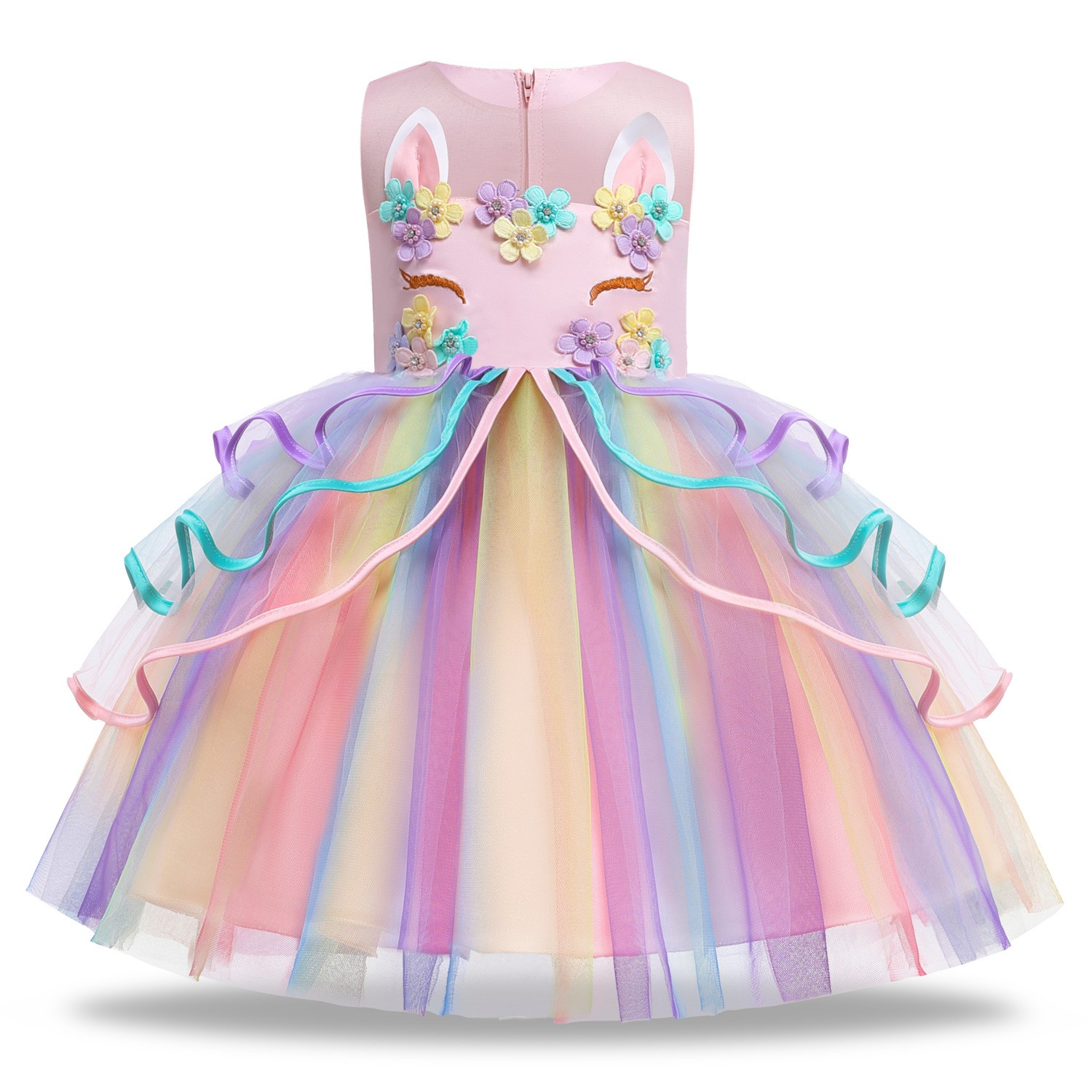 Summer Dress Girl Unicorn Cosplay Costume Children's Day Mesh Rainbow Tulle Princess Dress for Birthday Gift Kids Fashion Dress