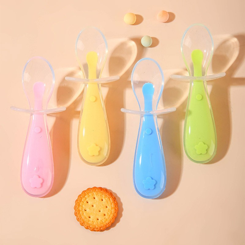 Children Training Spoon With Suction Cup Baby Cutlery Infant Feeding Liquid Silicone Non-slip Baby Spoon Utensils