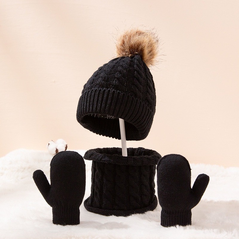 New Winter Hat Scarf Gloves Set For Kids 0-3 Years Boys Girls Children Cotton Warm Pom Poms Hat Sets Solid Color Cute Hat Scarf