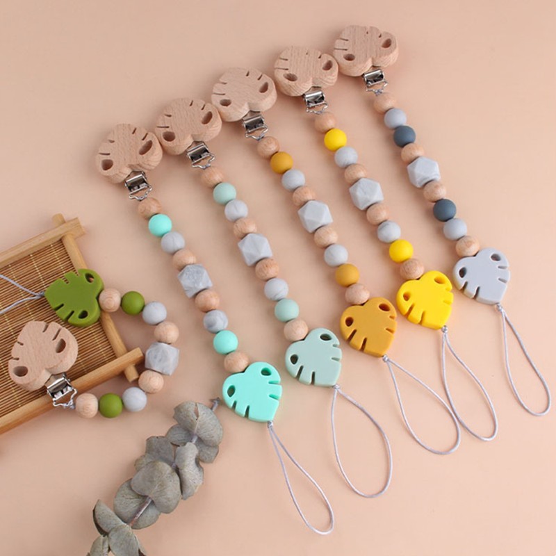 Baby Infant Toddler Doll Pacifier Silicone Monstera Leaves Soother Nipple Clip Chain Strap Holder Chew Teether Toy Teething