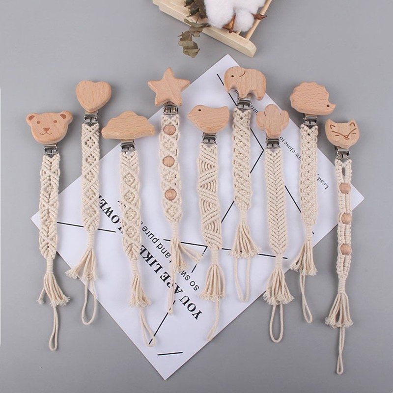 Safety Braided Cotton Rope Baby Toddler Doll Pacifier Soother Nipple Chain Strap Holder Handmade Wooden Pacifier Clips