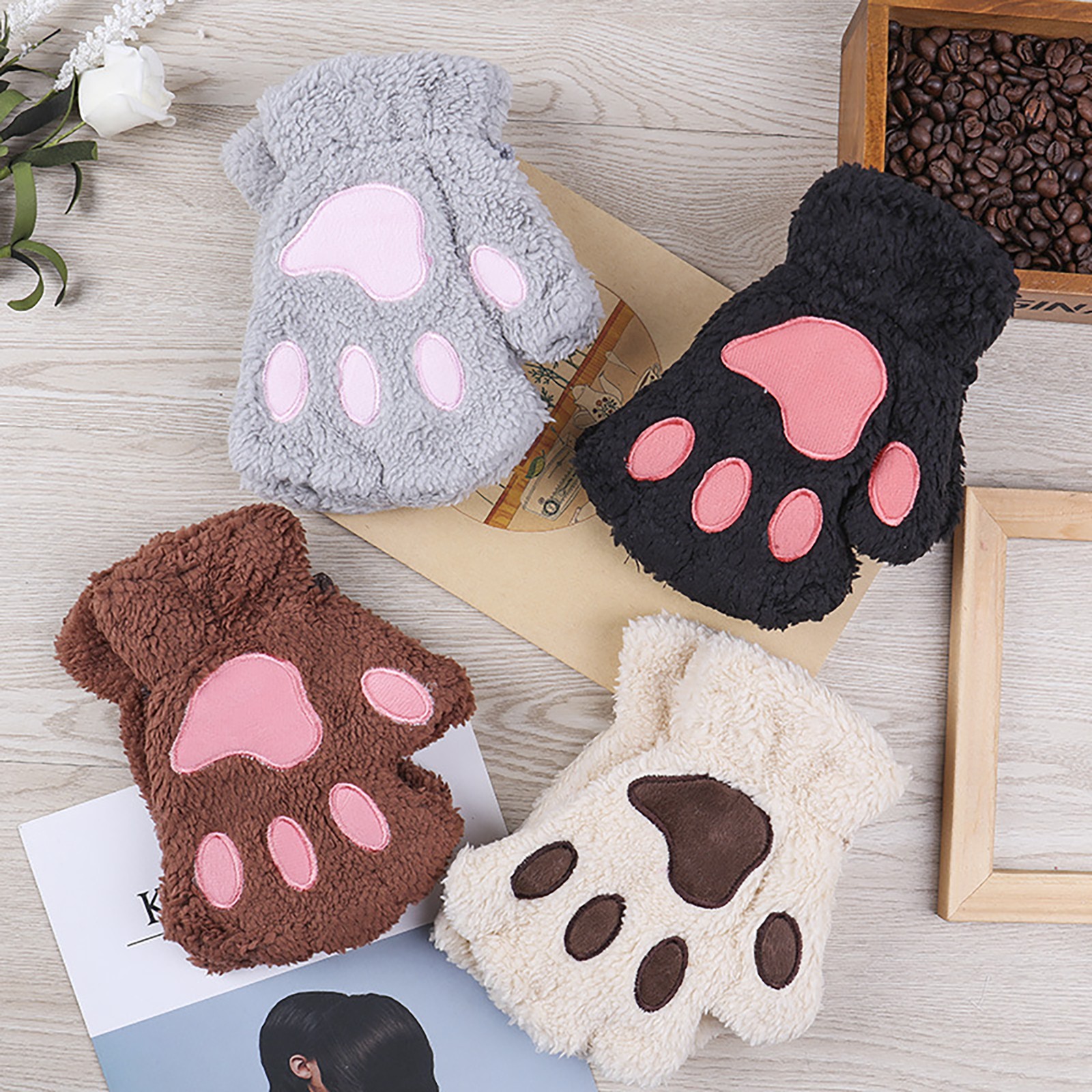 Cute Cat Paw Plush Fingerless Gloves Winter Warm Faux Fur Gloves Half Finger Gloves Lovely Bear Paw Gloves For Women Girls