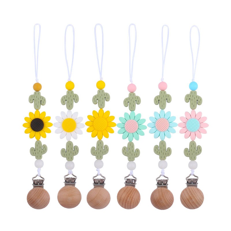 Baby Toddler Baby Doll Pacifier Silicone Cactus Sunflower Soother Nipple Clip Chain Strap Holder Chew Teether Toy Teething