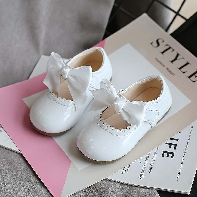 Girls Shiny Leather Bow Shoes Spring Autumn Solid Color Kids Princess Shoes Dance First Step Shoes SMG104