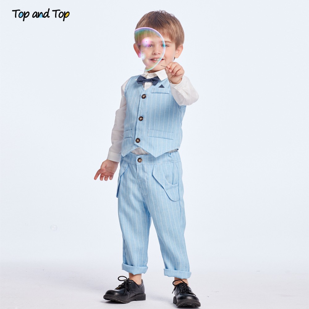 Best and top spring and autumn baby boy gentleman suit white shirt with bow tie striped jacket trousers 3pcs formal kids clothes set