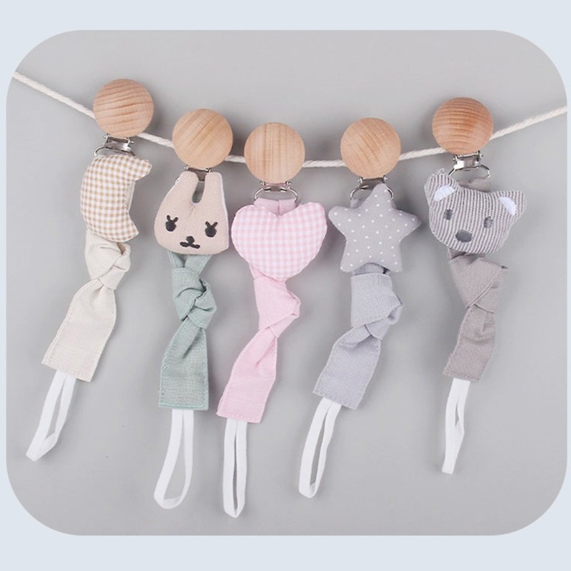 Baby Teether Buckle Beech Wood Cotton Linen Pacifier Chain Dummy Nipple Soother Holder Leash Belt for Newborn Babies