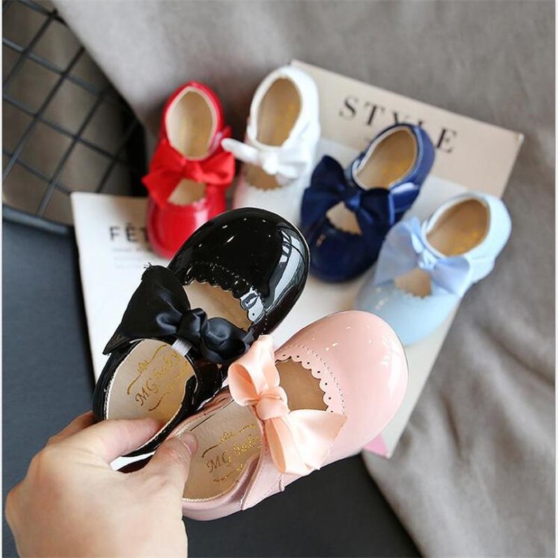 Newest Spring Autumn Baby Girls Fashion Patent Leather Big Bow Princess Mary Janes Party Shoes Solid Color Student Flat Shoes