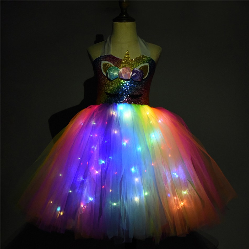 Girl Unicorn Dresses for Girls Tutu Princess Party Dresses with LED Lights Flower Birthday Party Cosplay Costume Girls Clothing