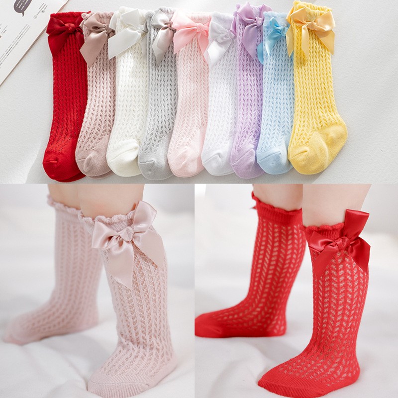 Newborn Baby Girls Solid Bow-knot Socks Breathable Mesh Cotton Knee High Leg Warmer Summer Infant Baby Soft Socks Clothes