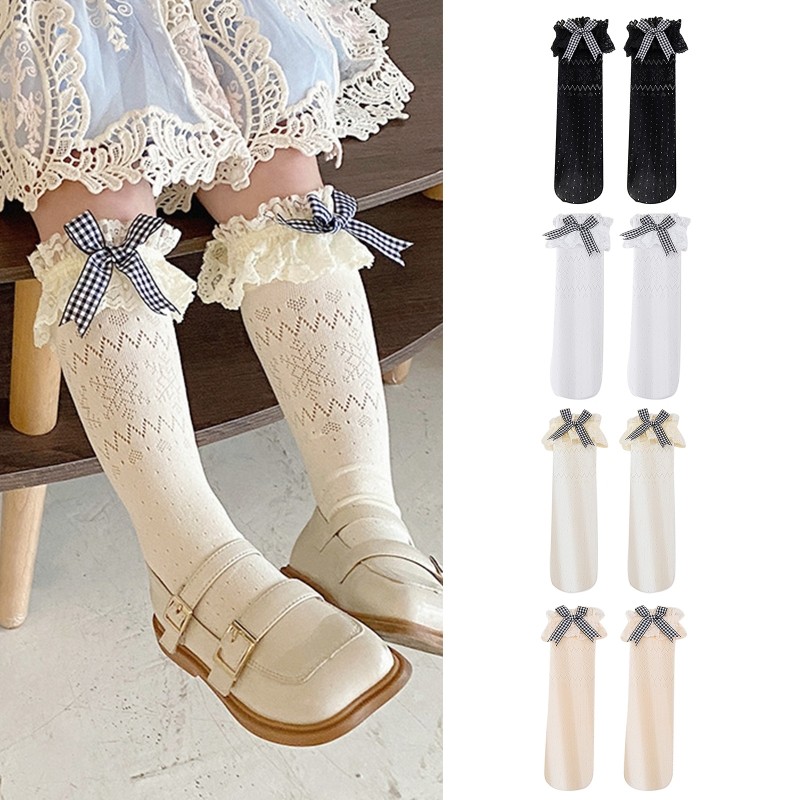 Baby Breathable Lolita Lace Socks Children Kids Bowknot Middle Tube Socks Spring Summer Autumn Warm Stocking Knee High