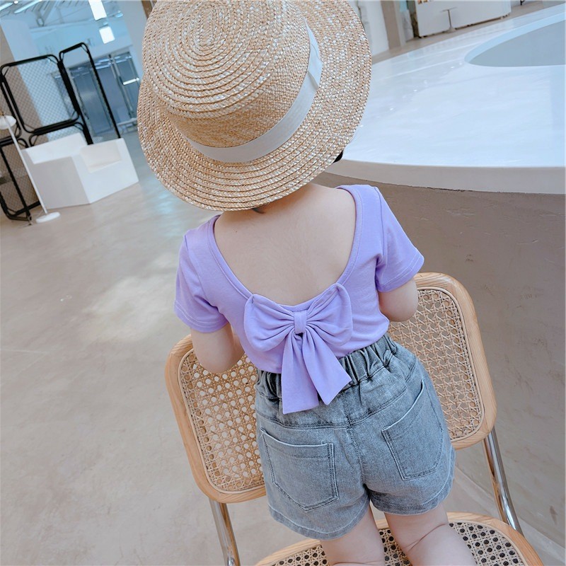 Children T-shirt for Girls Clothes Short Sleeve Back Bow-knot Baby Shirt Cotton 2022 Summer Solid Kids Clothes