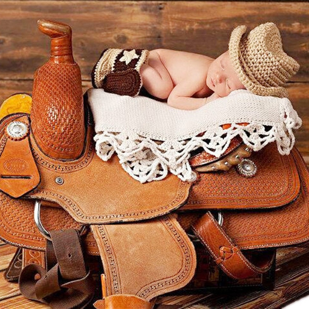 Newborn Baby Cute Cowboy Crochet Knit Costume Prop Outfits Photo Photography Baby Hat Photo Props Outfit