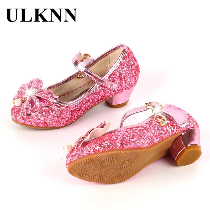 ULKNN-Girls Princess Leather Shoes Casual Floral Sequin High Heel Butterfly Bowknot Shoes Blue Pink Silver